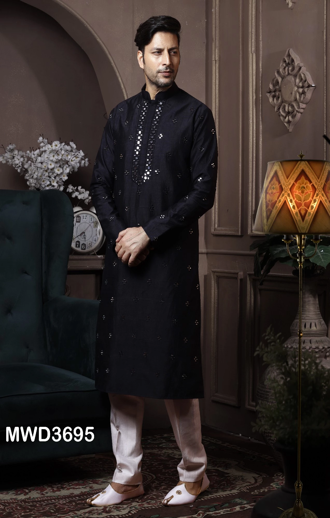Black Readymade Mirror Embroidered Kurta Pyjama, 36-1.webp